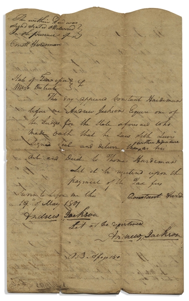 Andrew Jackson Document Signed as Judge of the Tennessee Supreme Court